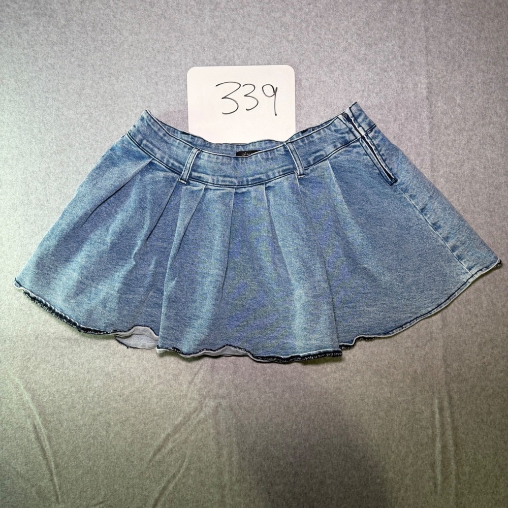 Sweet Society Blue Pleated Denim Mini Skirt Skater Raw Hem Medium Wash MD